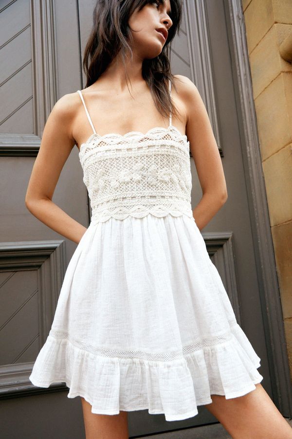 4.2 Womens Crochet Detail Gathered Strappy Mini Dress - White - 14