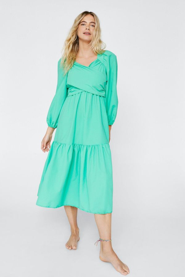 4.2 Womens Crossover Puff Sleeve Tiered Smock Dress - Green - S