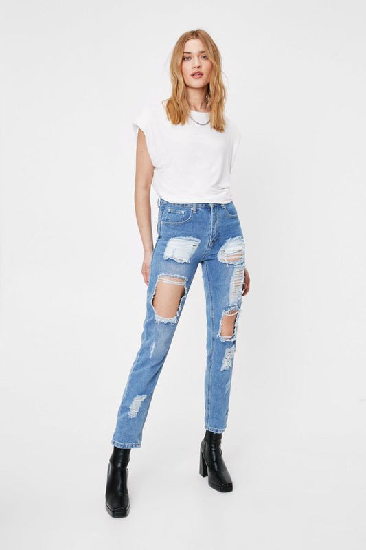 Womens Ripped Distressed Mom Jeans - Light Blue - 6