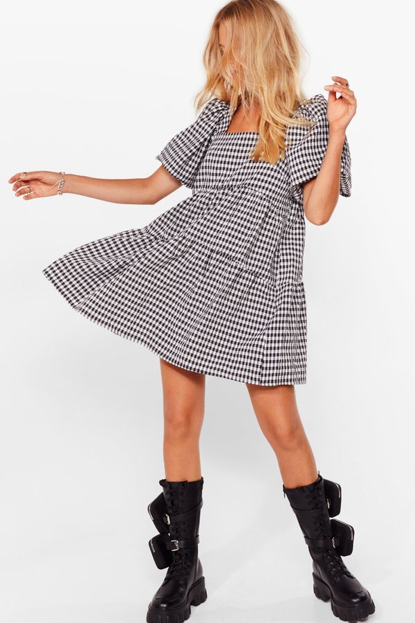 Womens Gingham Tiered Mini Smock Dress - Black - 0