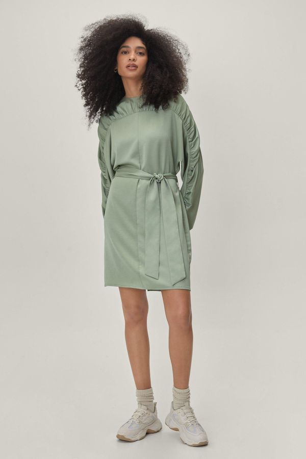 Womens Satin Gathered Yoke Belted Mini Dress - Sage - 0