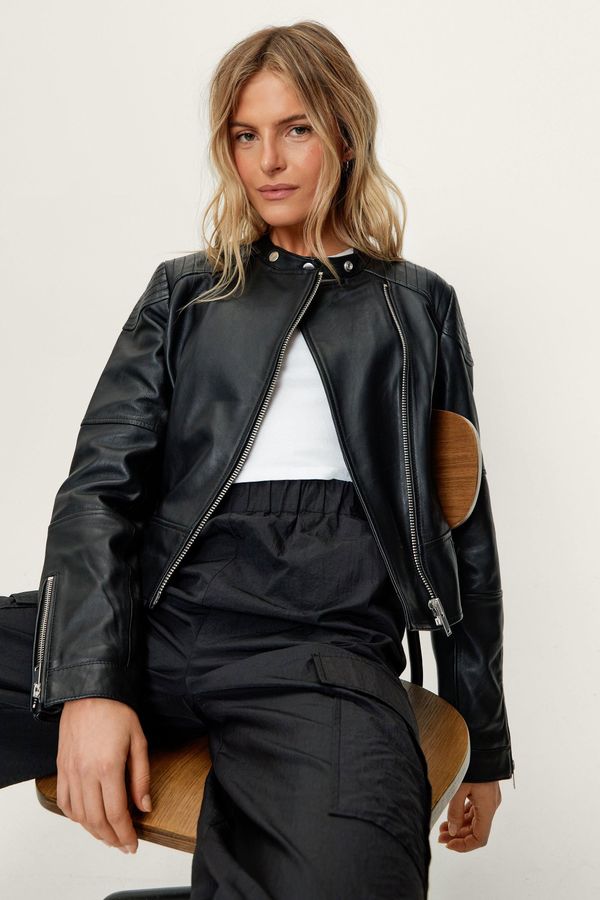 Womens Real Leather Collarless Quilted Jacket - Black