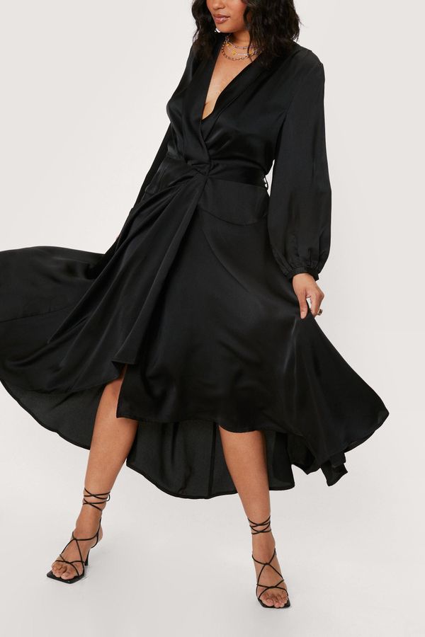 Womens Plus Size Satin Long Sleeve Midi Dress