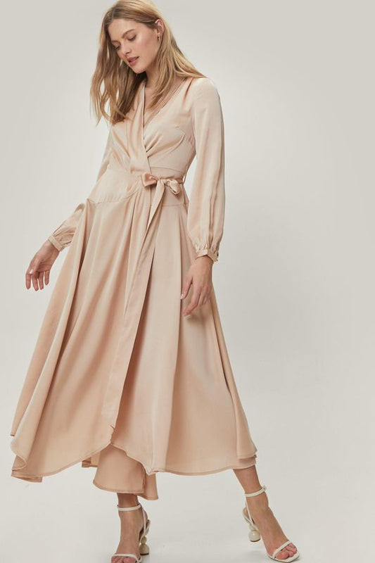 4.1 Womens Satin Long Sleeve Belted Maxi Wrap Dress - Champagne - 12