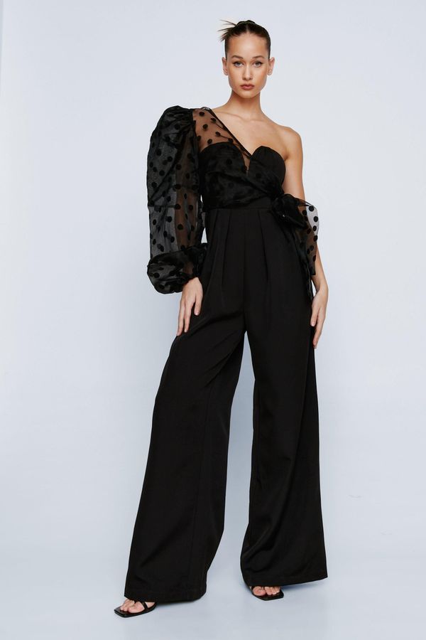 Womens Polka Dot Organza One Shoulder Jumpsuit - Black