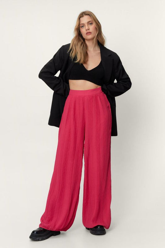 Womens Pleated Wide Leg Pants - Hot Pink - 4