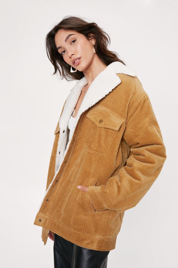 Womens Teddy Lined Cord Trucker Jacket - Camel - 4