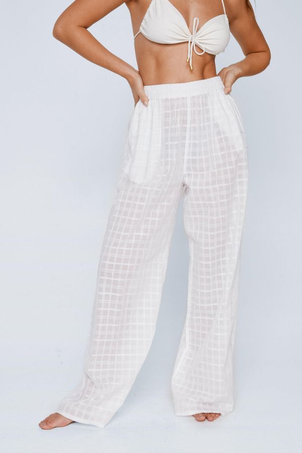 4.2 Womens Cotton Plaid Wide Leg Cover Up Pants - White