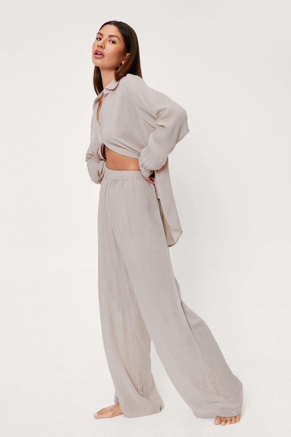 4.2 Womens Crinkle Shirt And Wide Leg Pants Cover Up Set