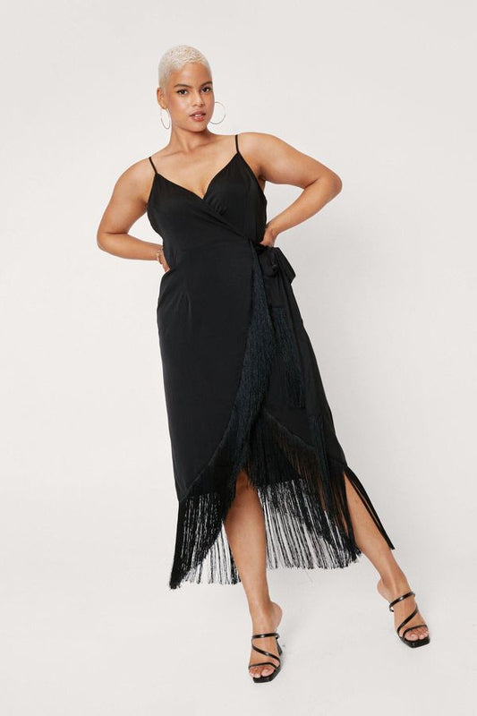 Womens Plus Size Fringe Trim Satin Wrap Midi Dress - Black