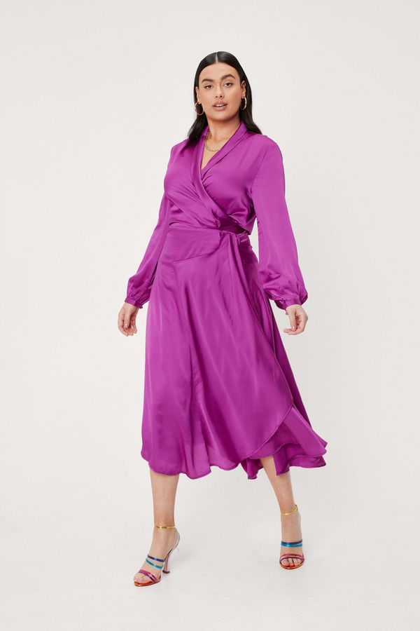 Womens Plus Size Satin Long Sleeve Midi Dress