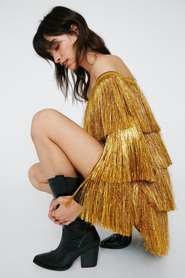 4.2 Womens Bardot Long Sleeve Tinsel Fringe Mini Dress - Gold