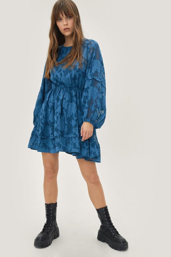 Womens Floral Jacquard Balloon Sleeve Skater Mini Dress - Blue - 4