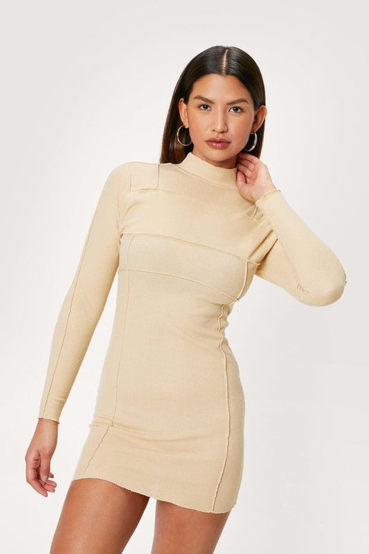 Womens Ribbed High Neck Bodycon Mini Dress - Stone - 4