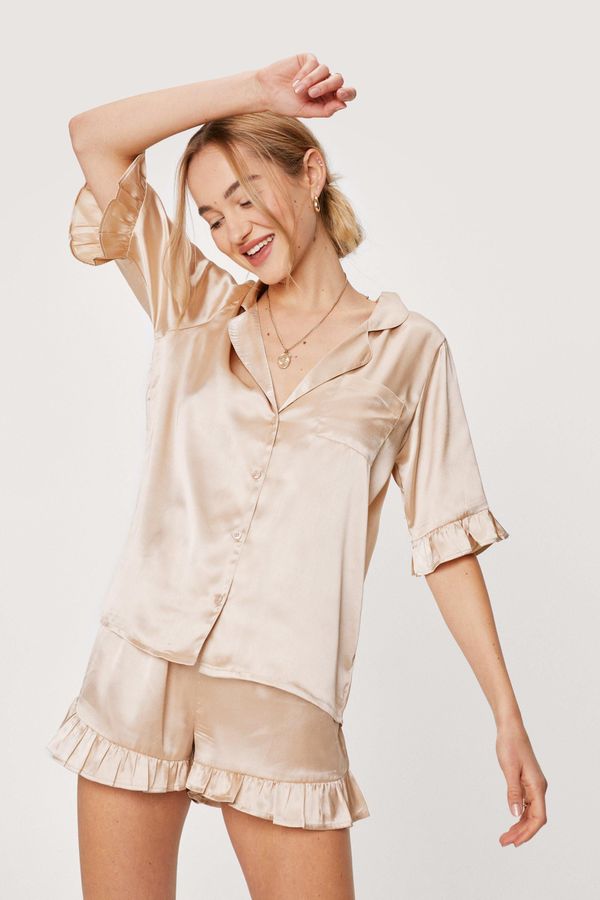 Womens Satin Ruffle Pajama Shirt and Shorts Set - Coffee