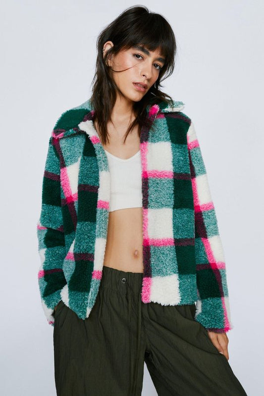 4.2 Womens Check Print Faux Fur Cropped Jacket - Green