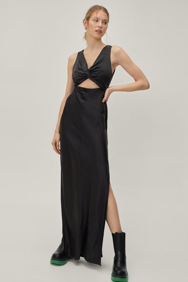 4.1 Womens Plunging Cut Out Satin Maxi Dress - Black