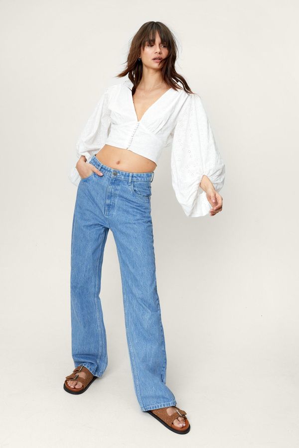 4.2 Womens Cropped Blouson Sleeve Broderie Top - White