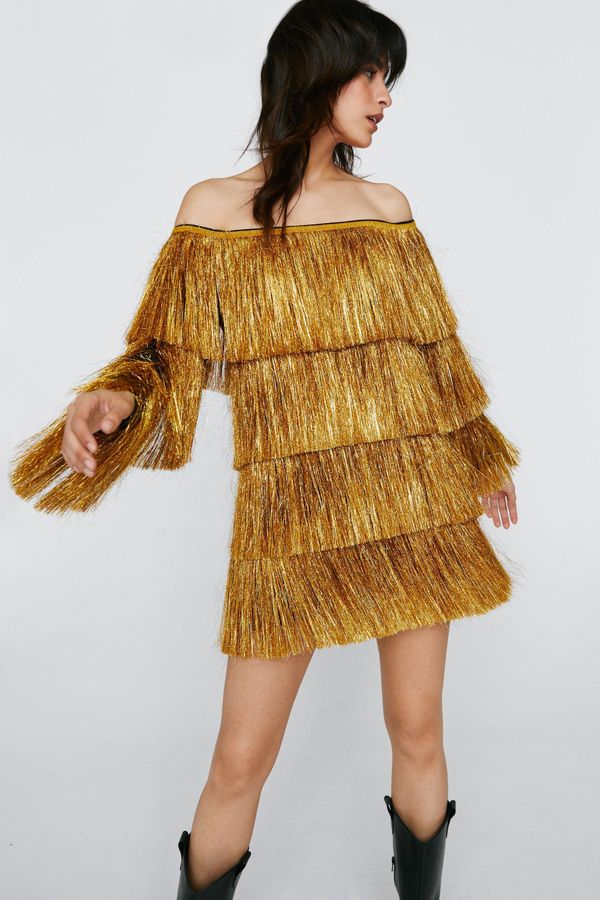 4.2 Womens Bardot Long Sleeve Tinsel Fringe Mini Dress - Gold