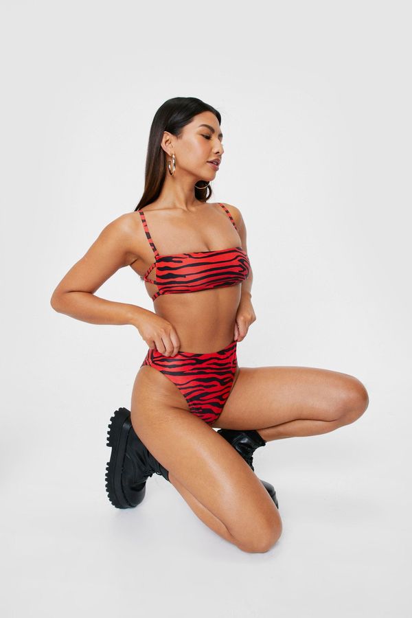 Womens Tiger Print Strappy High Leg Bikini Set - Red - 2