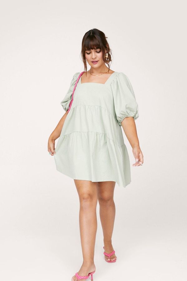 Womens Plus Size Puff Sleeve Square Neck Mini Dress - Sage - 12