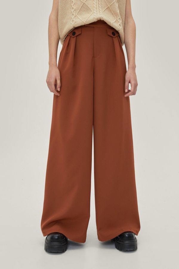 4.1 Womens Pleated Button Detail Tailored Wide Leg Pants - Tan