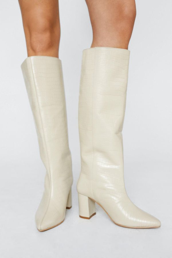 Womens Real Leather Pointed Knee High Boots - Beige