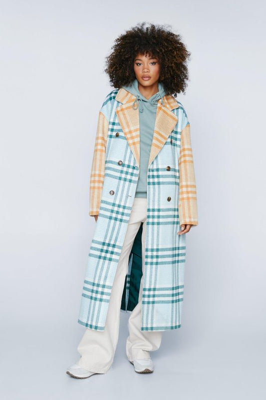 Womens Mixed Check Wool Look Maxi Coat - Aqua