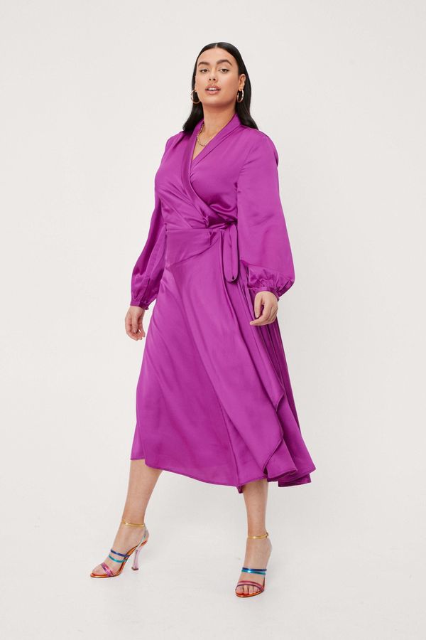 Womens Plus Size Satin Long Sleeve Midi Dress