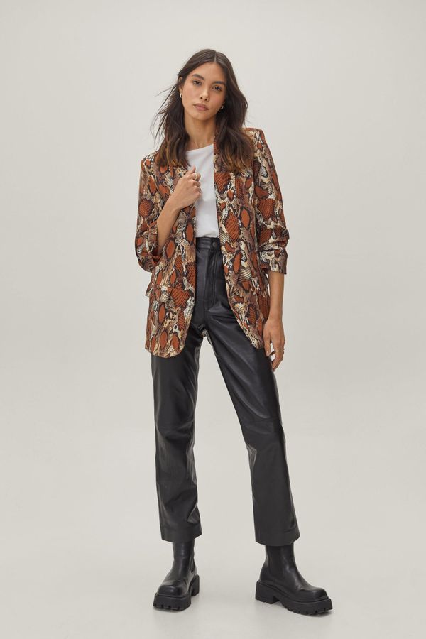 Womens Gathered Sleeve Snake Print Blazer - Rust - 2