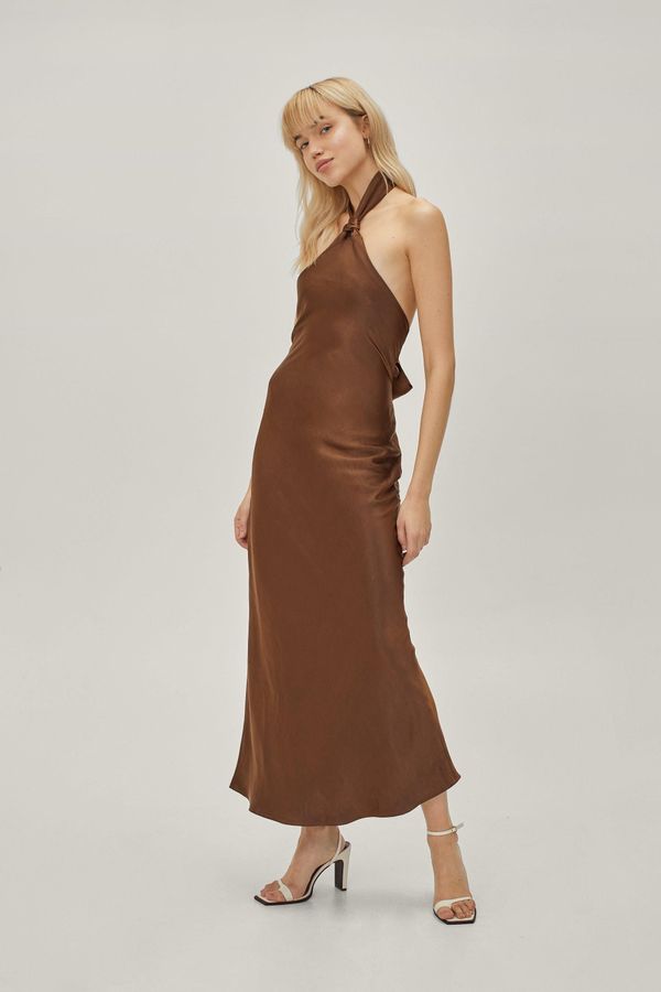 Womens Knot Halter Neck Satin Midi Dress - Chocolate - 12