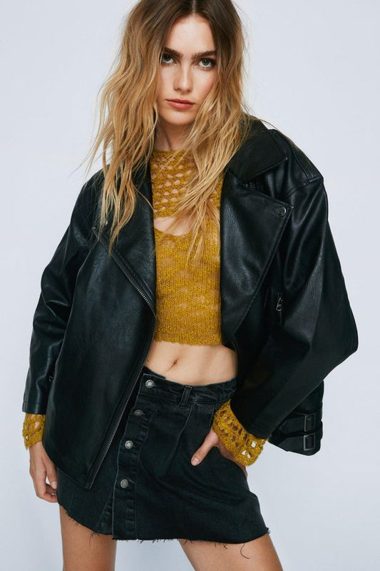 Womens Faux Leather Oversized Biker Jacket