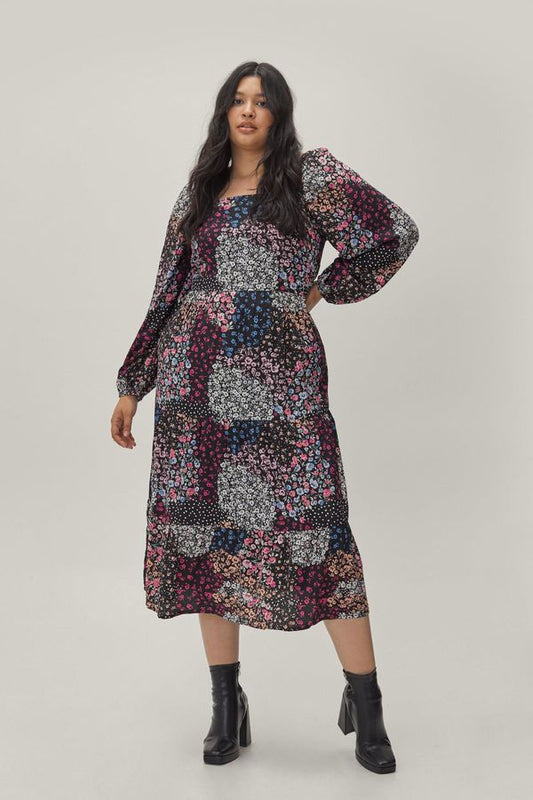 Womens Plus Size Patchwork Printed Smock Midi Dress - Black