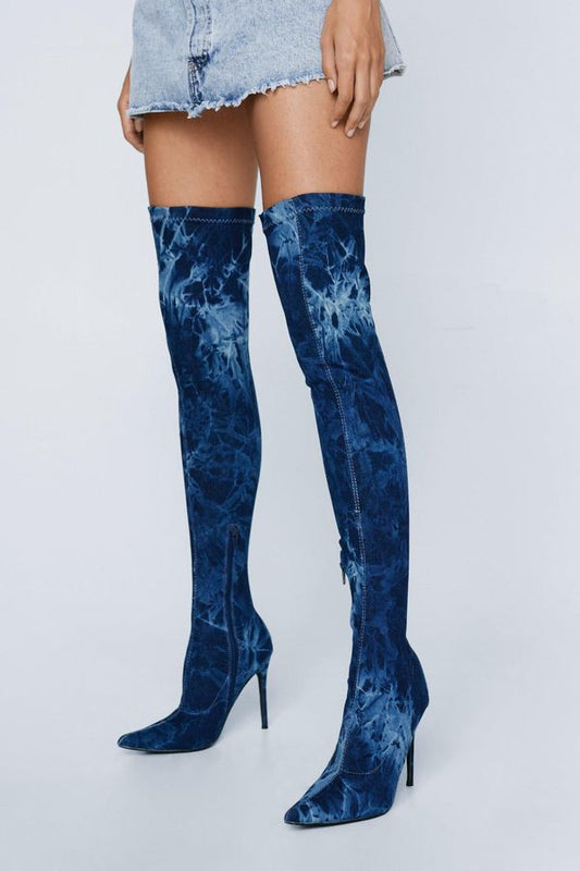 4.2 Womens Denim Print Stretch Thigh High Boot - Denim-Blue