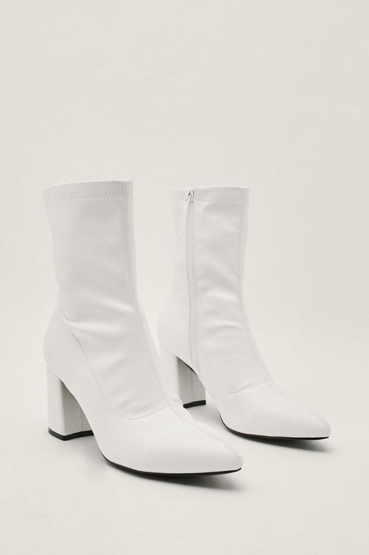 Womens Faux Leather Block Heel Sock Boots - White