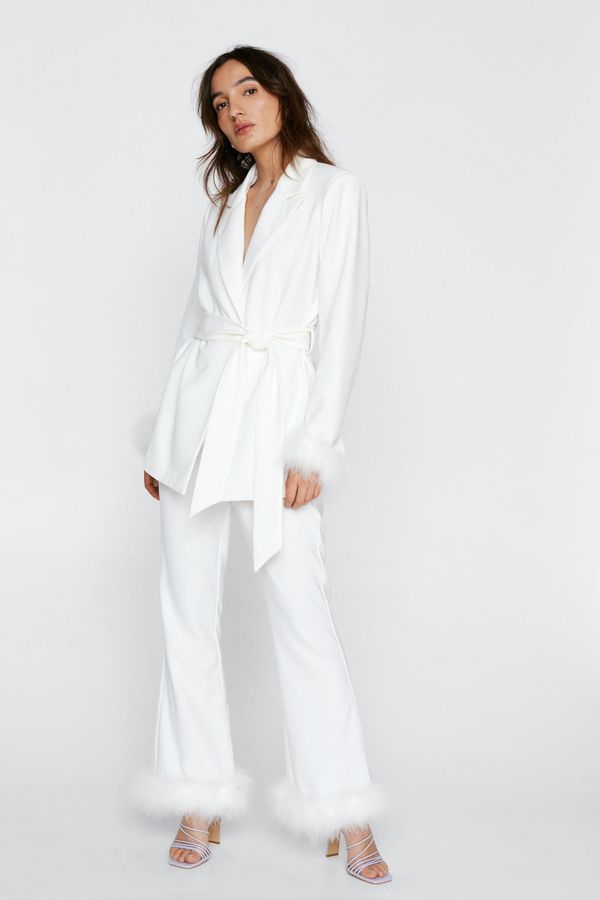 Womens Petite Belted Blazer With Feather Cuffs - White