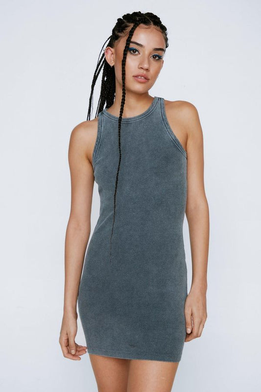 4.2 Womens Acid Wash Ribbed Racer Mini Dress - Grey