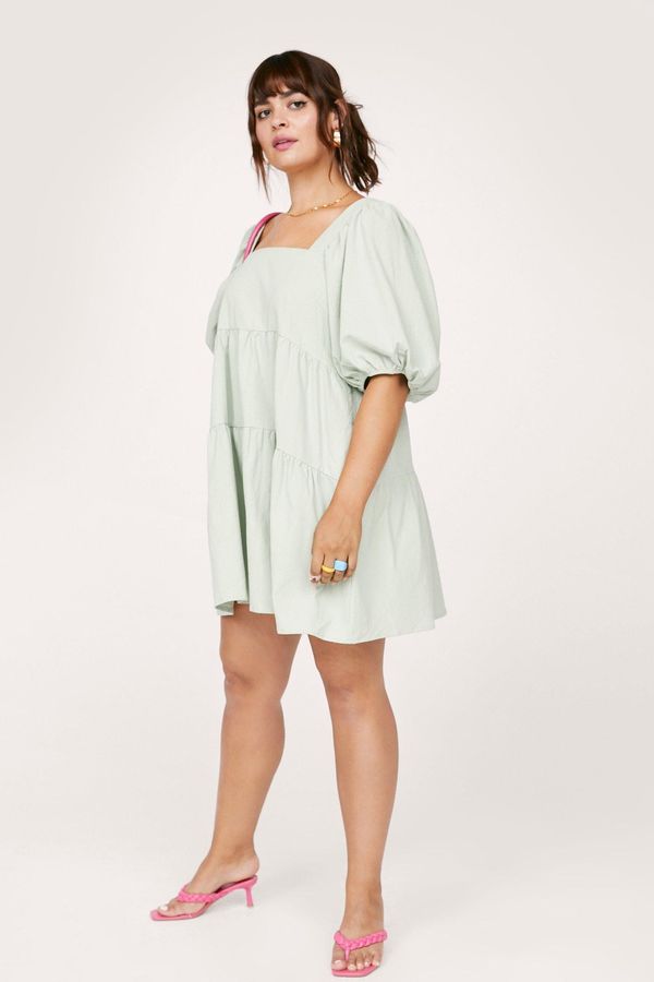 Womens Plus Size Puff Sleeve Square Neck Mini Dress - Sage - 12