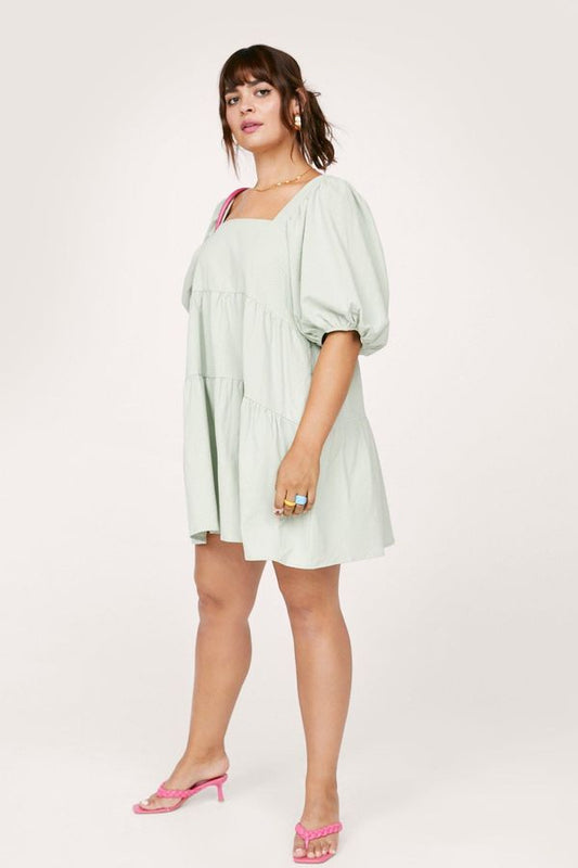 Womens Plus Size Puff Sleeve Square Neck Mini Dress - Sage - 12