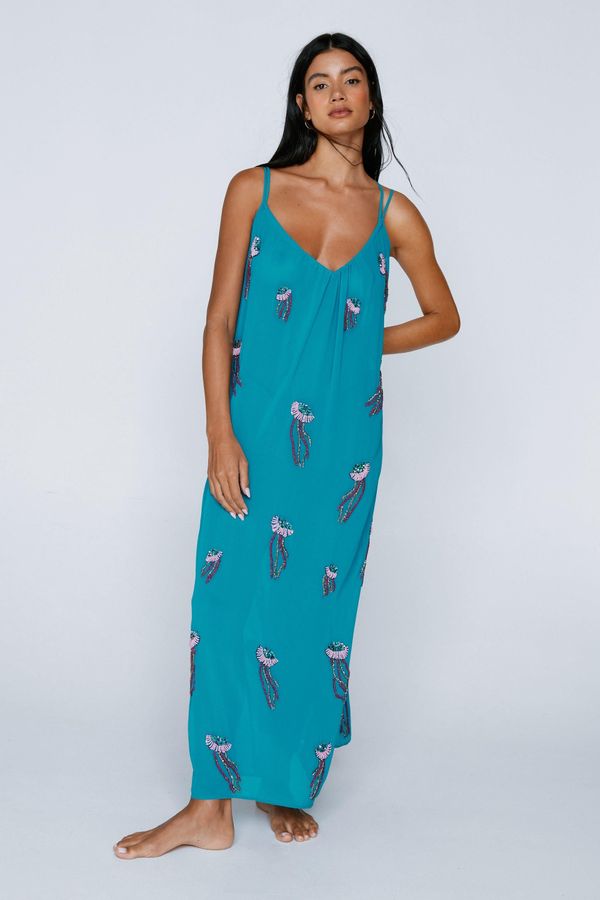 4.2 Womens Embellished Jellyfish Maxi Cover Up Dress - Ocean Blue